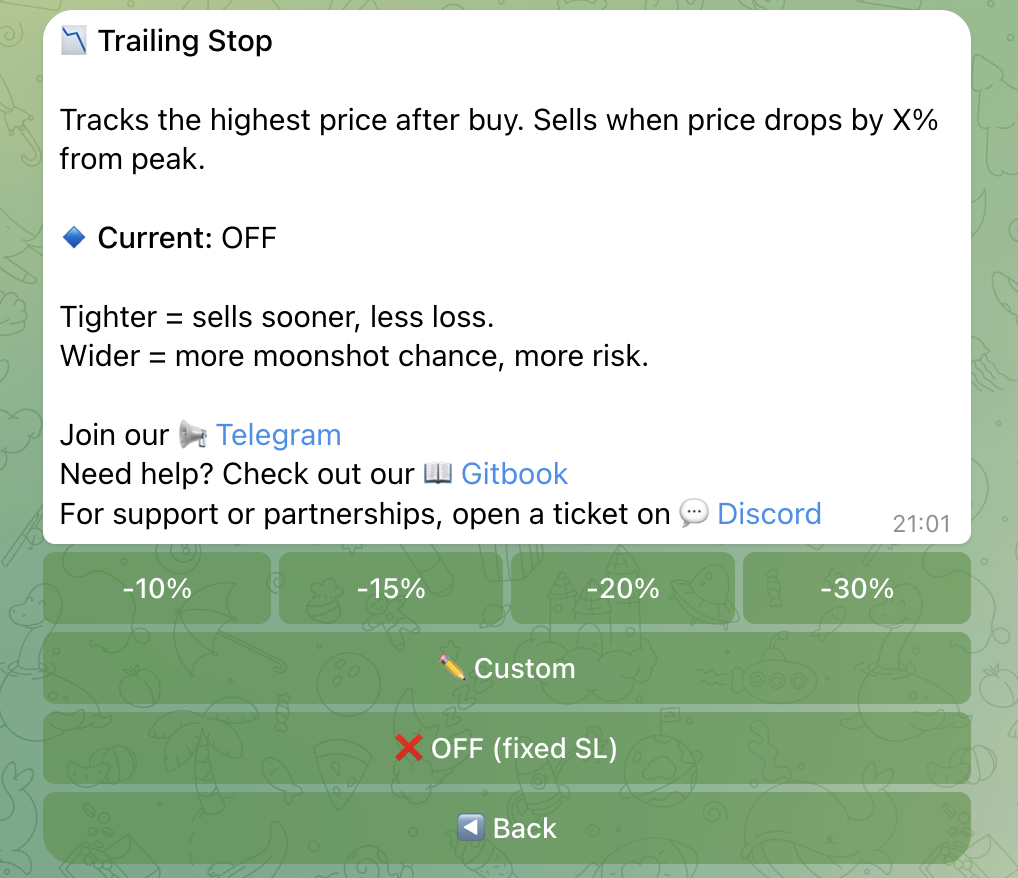 Trailing Stop Loss Menu